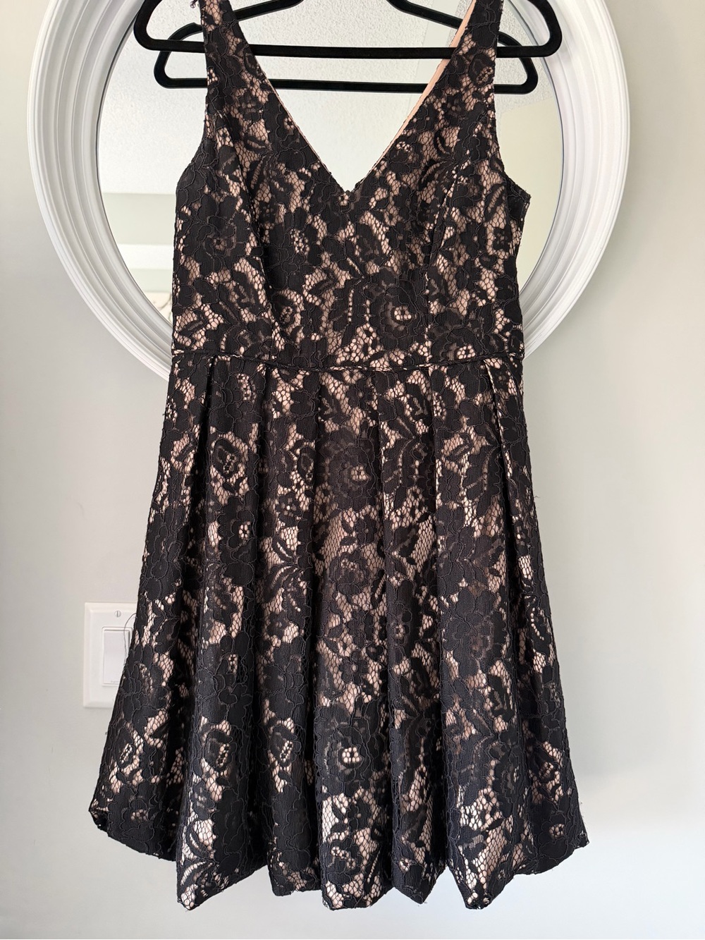 Black Lace Overlay Mini Dress with Nude Lining